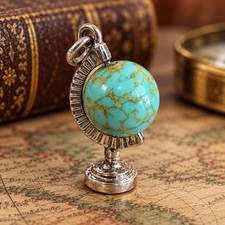 Vintage Danecraft Sterling Silver Spinning Globe Charm Turquoise 3D Mechanical picture