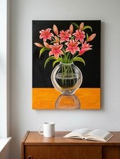 Original Hand-Painted Acrylic Floral Artwork - Pink Lilies in Glass Vase 60*50 picture