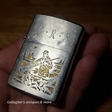 Vintage 1974 Zippo Lighter Hunter & Dog Hunting Scene G.R.S. Monogram Engraved picture