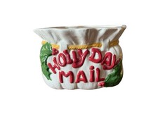 Vintage Ceramic Christmas Card Holder Holly Day Mail Santa Sack Basket Planter picture