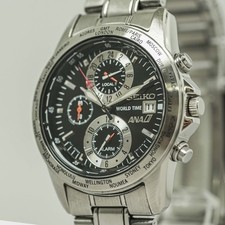 *NEAR MINT* Vintage SEIKO ANA World Time 5T82-0AH0 Qz Chronograph Black 38mm Men picture