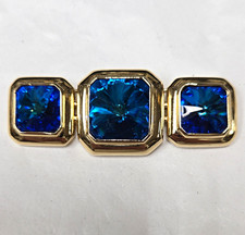 Vintage Signed Guy Laroche Gold Tone Blue Crystal Rhinestone Geometric Brooch picture