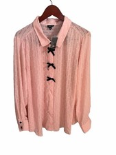 torrid 3 Pink Sheer Dot-Textured Button Blouse with Black Bow Trim 3X picture
