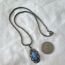 Vintage 925 Sterling Silver Faux Star Sapphire Blue Glass Pendant Book Chain picture