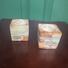 Vintage Pair Onyx Stone Tea-light Candle Holders - Square, Hand-carved - Retro picture
