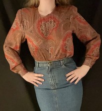 VINTAGE 1980s Pink Brown Psychedelic Pattern Shoulder Pad Blouse, Size XS Women picture