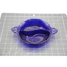 Vintage Cobalt Blue Glass Divided Relish Dish with Ornate Handles Scalloped Rim picture