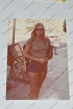 street candid curvy woman in shorts 1980's VINTAGE SNAPSHOT PHOTOGRAPH  Rn picture