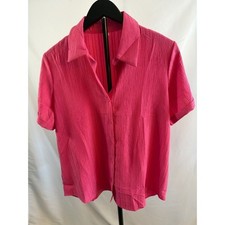 Hot Pink Crinkle Textured Short Sleeve Button Down Shirt Women Medium picture