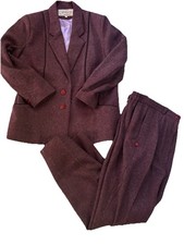 Vintage 80s Purple Wool Power Suit Womens L Blazer Pants Executive ANETA picture