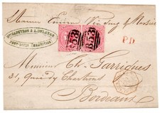 MAURITIUS 1867 COVER PAIR 4d RED STAMPS TO FRANCE Bordeaux picture