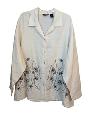 e-col-o-gie Women’s 2X White Linen Floral Embroidered Collared Button-Up picture