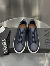 Men's Zegna Triple Stitch Navy Leather Slip On Casual Sneakers picture