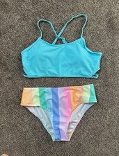 SheIn Girls 3-Piece Swim Set 11-12Y Blue Bralette Top Striped Bikini + Cover Up picture