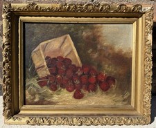 Antique Cherries Still Life Oil Painting on Canvas – Ornate Gold Frame picture