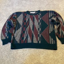 Vintage Jantzen Mens XL Geometric Abstract Sweater Green Burgundy Made in USA picture