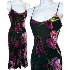 Vintage Sue Wong Floral Velvet Burnout Midi Slip Dress 6 Black Ruffle Beaded Y2K picture
