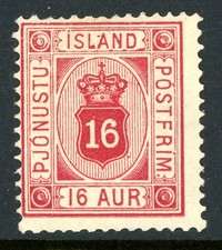 Iceland 1876 Official 16 Aur Carmine *Perf 14x13½* Scott #O7 Mint T834 picture