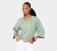 Peace Love World Women's Top Sz M Sleeve V-Neck Side Pleat Tee Green A731945 picture