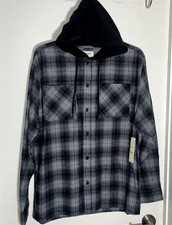 No Boundaries Hooded Flannel Shirt Men's Large Black/Gray Plaid Long Sleeve NWT picture