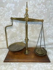 Antique W&T Avery Brass Scale Balance w/ Stack of 7 Brass Weights picture