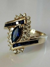 3.00 Ct Marquise Cut Natural Sapphire & Diamond Wedding Ring 14K Yellow Gold picture