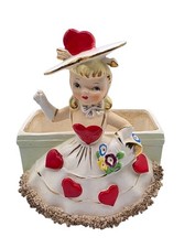 Vintage 1956 Relpo Valentine's Day Girl Planter Red Hearts Dress Spaghetti Trim  picture