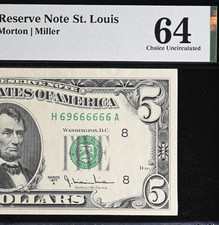1977A $5 Federal Reserve Note PMG 64 Seven of a Kind Flipper Serial 69666666 picture