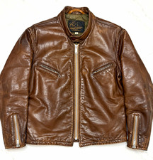 Schott Bros. Men's Brown Leather Biker Jacket Size 48 Band Collar Zip/Button picture