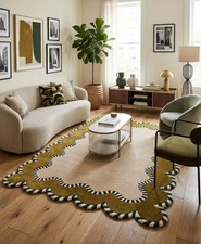 Hand-Tufted Wool Rug: Olive Green Beige Wavy Scalloped Border Area Carpet 8x10 picture