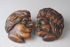 Pair of Antique French Wood Carved Heads Ornamental Pieces picture