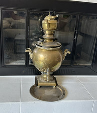 Vintage Brass Samovar Tea Urn Set 25” w/ Teapot Tray Chimney Spigot T.K. Mark picture