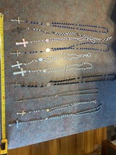 10 Vintage Catholic Rosary Black Oval Beads Crowned Mary Crucifix Jesus Prayer picture