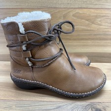 UGG Caspia Light Brown Sherpa Ankle Boots 7 Boho Tie Y2K Cottagecore Apres Ski picture