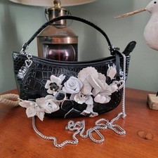 Brighton Calista Mini Demi Black Patent Croc Leather Floral Y2K Purse picture