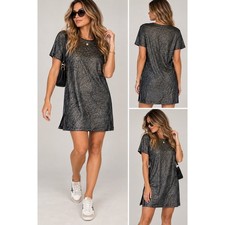 Mikuta Sparkly Linen Dress Silver Black Metallic Short Sleeve T-Shirt Mini M picture