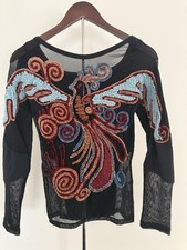 Save The Queen Top Womens S Black Mesh Phoenix Embroidered Boho Long Sleeve picture