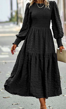 Womens S Black Solid Round Neck Puff Long Sleeve Smocked Tiered Midi Dress picture