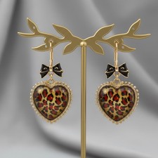 Betsey Johnson Leopard Heart Drop Earrings – Gold-Tone with Bow Accen picture