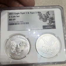 2021 Silver Eagle Type 1 & Type 2 2-Coin Set NGC MS69 Dual Slab 2 oz silver picture