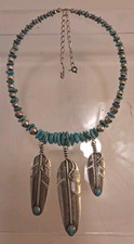 Vtg  Linda Johnson Navajo Sterling Silver Feathers Beads &Turquoise Read Look picture