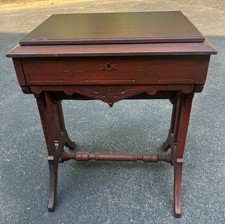 Antique Victorian Eastlake-Style Potbelly Sewing Work Table Cabinet Lift Top picture