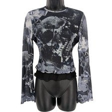 Skull Print Mesh Top Goth Fairy Grunge Y2K Bell Sleeve Emo Punk Festival Small picture