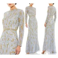 Mac Duggal Platinum Silver Gold Paisley Beaded Long Sleeve Gown Size 6 $598 picture