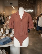 Express Short Sleeve button-down bodysuit, Color: Mauve / Dusty Rose. Size XS picture