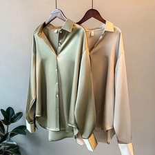 Women’s Satin Silk Button Up Shirt Vintage Long Sleeve Loose White Blouse picture