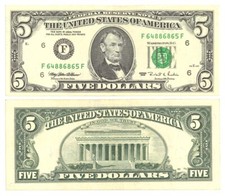 1995 Series $5 Dollar Bill Banknote Old Design US Federal Reserve Note Vintage picture