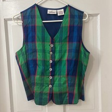 VTG Worthington Green Silk Plaid Vest Women 10 Academia Heritage Preppy Twee picture