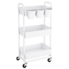 JIUYOTREE 3-Tier Plastic Rolling Storage Cart Utility Cart with Extra Hanging Cu picture