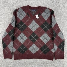 Gap Sweater Men’s XL Tuscan Red NWT Fuzzy V-Neck Alpaca Wool Blend Argyle AOP picture